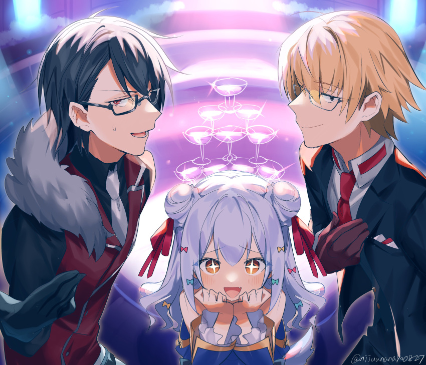 +_+, 1girl, 2boys, :d, absurdres, bare_shoulders, black-framed_eyewear, black_gloves