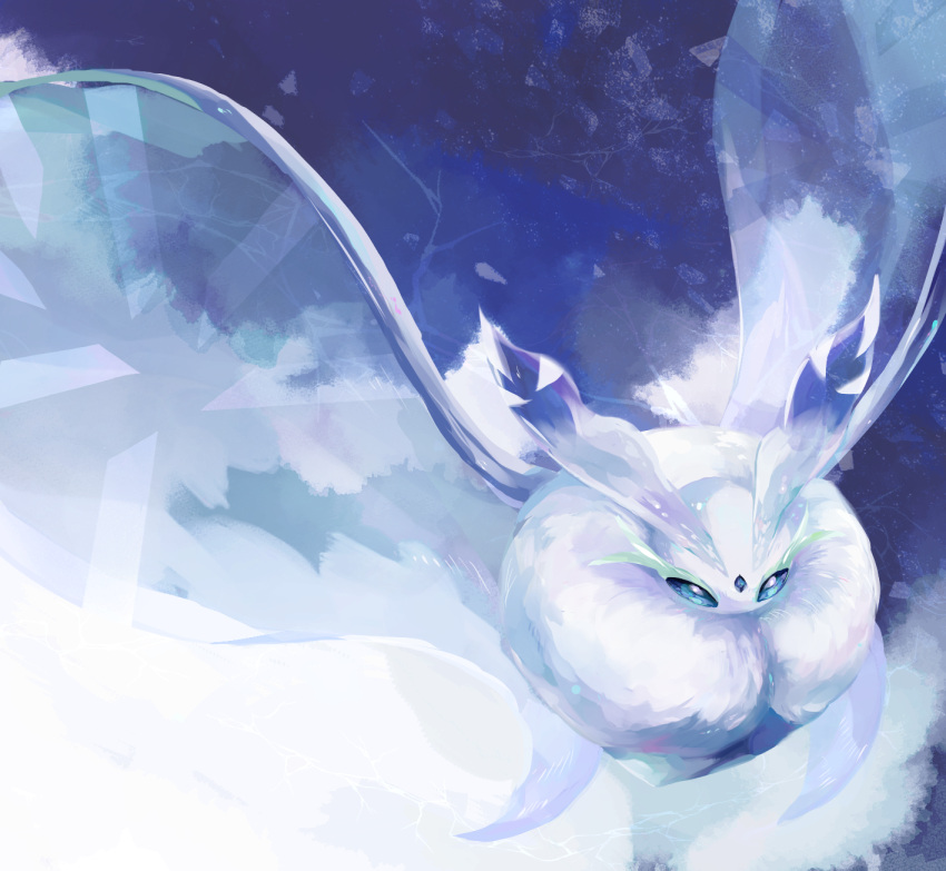 animal_focus, antennae, blue_eyes, bug, commentary, facial_mark, forehead_mark, frosmoth, highres, no_humans, pokemon, pokemon_(creature), solo, try_2320, wings