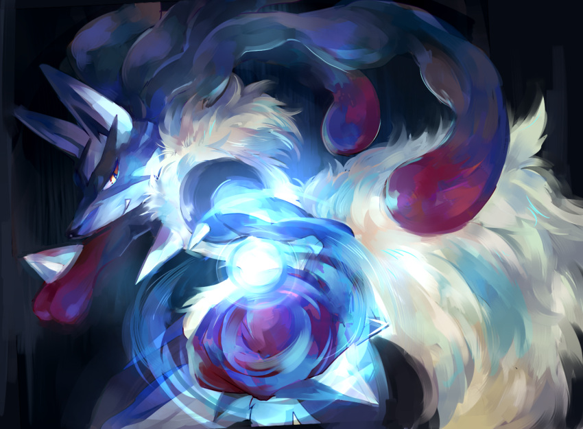 1other, aura_sphere_(pokemon), black_hair, commentary, furry, long_hair, lucario, mega_lucario