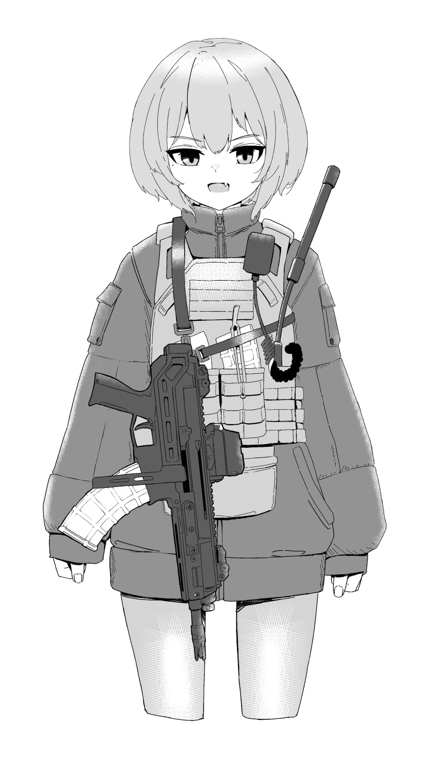 1girl, absurdres, ammunition_pouch, antennae, assault_rifle, bulletproof_vest, coat, cz_bren-2_br, english_commentary, fang, fingernails, greyscale, gun, gun_sling, highres, load_bearing_vest, magazine_(weapon), monochrome, muzzle_device, okapi_(yomaigoto), open_mouth, optical_sight, original, pouch, rifle, short_hair, short_shorts, shorts, simple_background, sleeves_past_wrists, solo, straight-on, thighs, upper_body, walkie-talkie, weapon, white_background, zipper_pull_tab