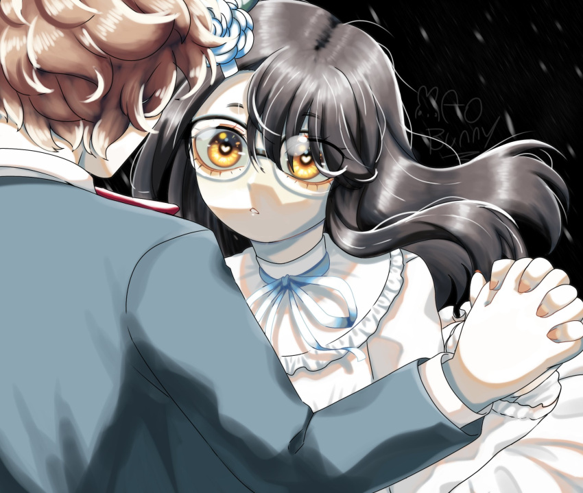 1boy, 1girl, bespectacled, black_hair, brown_eyes, christine_daae, christine_daae_(cosplay), commentary_request