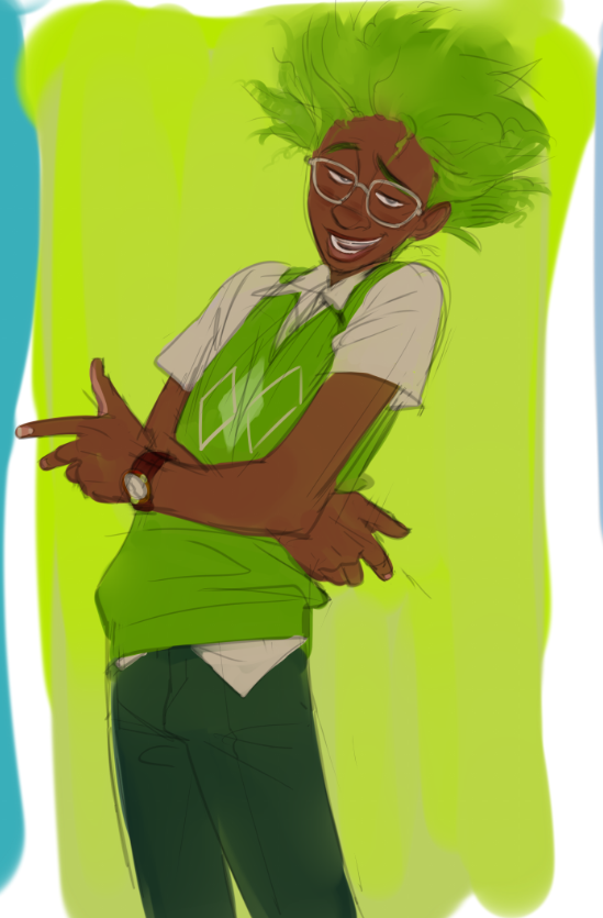 1boy, clay_(trolls), dark-skinned_male, dark_skin, dreamworks, glasses, green_background, green_hair