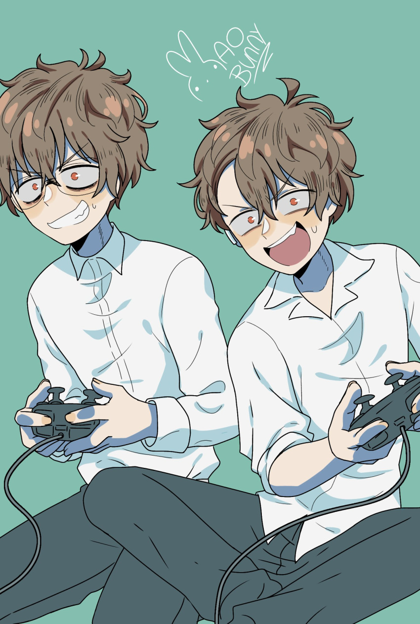 2boys, black_pants, brown_hair, commentary, controller, dual_persona, ear_piercing, game_controller