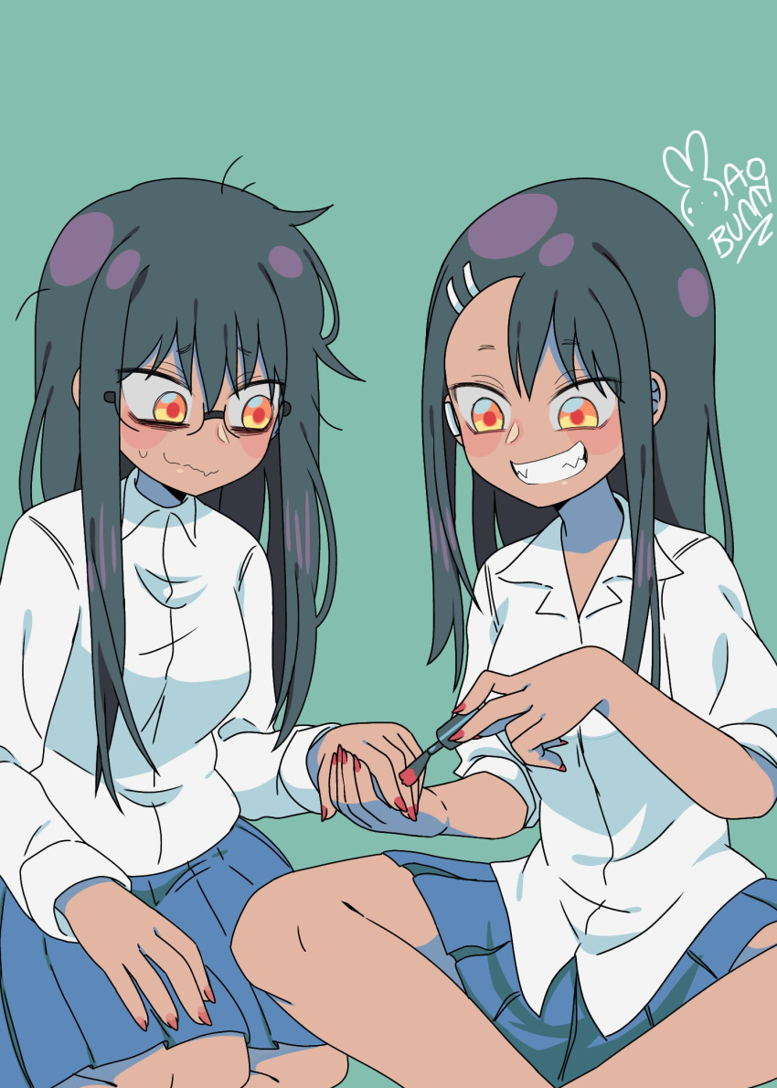2girls, applying_manicure, black_hair, commentary, dual_persona, ear_piercing, glasses, grin, hair_ornament, hairclip, highres, ijiranaide_nagatoro-san, indian_style, mao_bunny, messy_hair, miniskirt, multiple_girls, nagatoro_hayase, nail_polish, orange_eyes, painting_fingernails, piercing, pleated_skirt, red_nails, school_uniform, shirt, signature, sitting, skirt, smile, symbol-only_commentary, tan, wavy_mouth, white_shirt