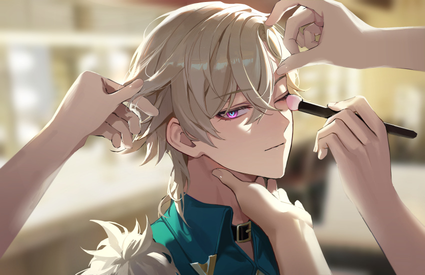 1boy, applying_makeup, aventurine_(honkai:_star_rail), blonde_hair, blue_eyes, closed_mouth, collared_shirt, crossed_bangs