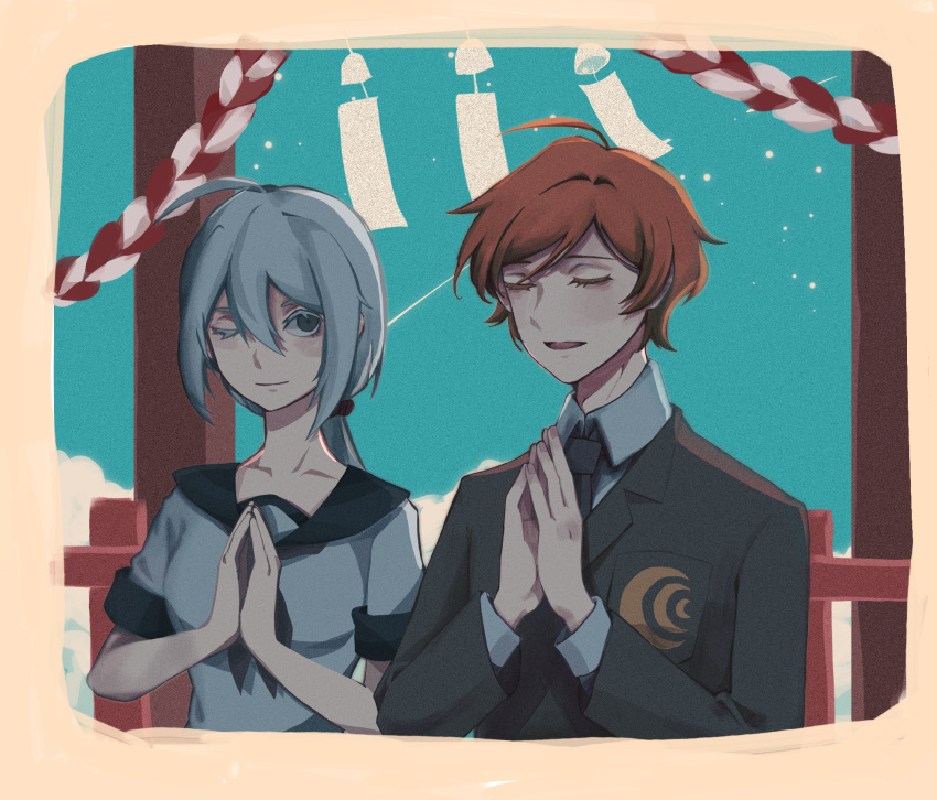 1boy, 1girl, ahoge, bare_arms, black_necktie, black_sailor_collar, blazer, blue_sky