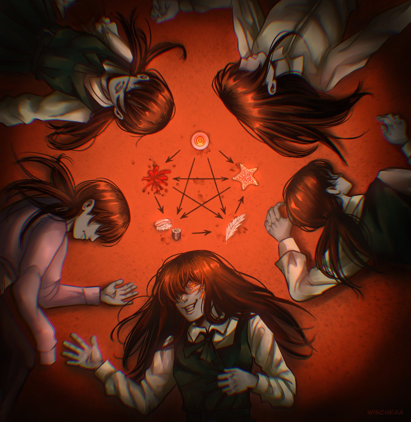 album_cover_redraw, arrow_(symbol), chainsaw_man, chromatic_aberration, coat, commentary, cross_scar, derivative_work