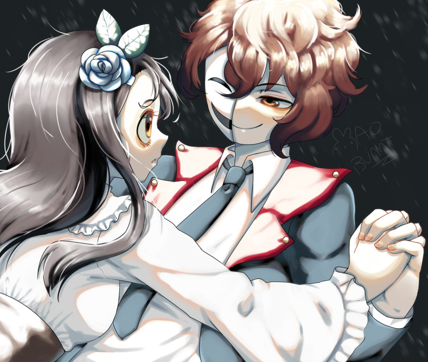 1boy, 1girl, black_hair, black_jacket, black_necktie, breasts, brown_eyes, brown_hair