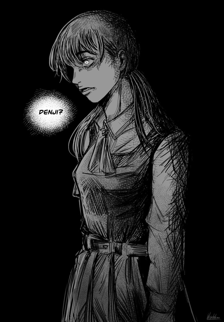 1girl, ascot, chainsaw_man, commentary, constricted_pupils, crosshatching, dress, english_commentary
