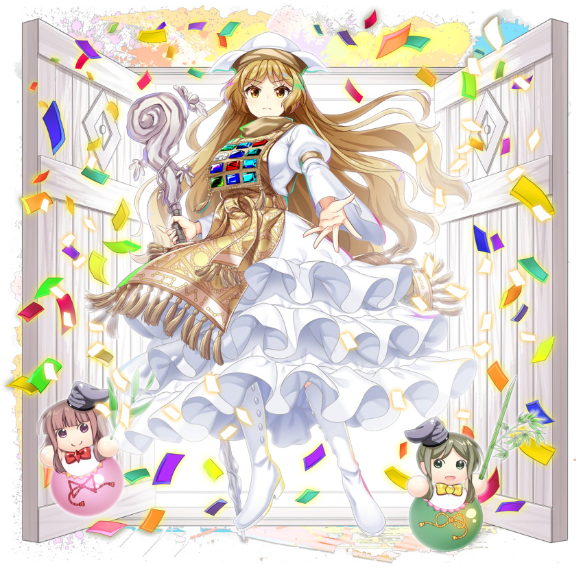 1girl, alternate_costume, alternate_headwear_color, bamboo, blonde_hair, blue_gemstone, boots, character_doll