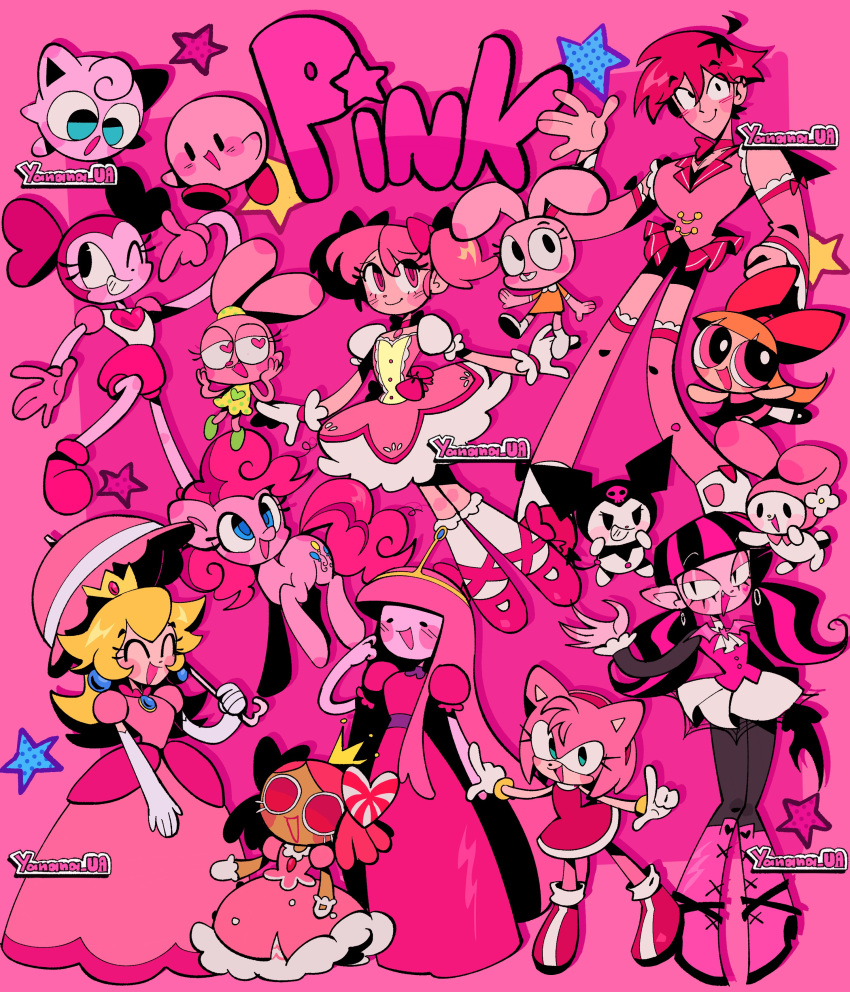 1boy, 6+girls, :d, ^_^, absurdres, adventure_time, amy_rose, anais_watterson