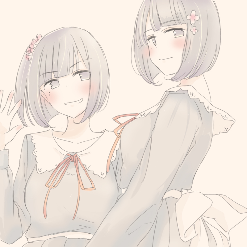 2girls, back_bow, blush, bow, flower, flowers_(innocent_grey), grin, hair_flower