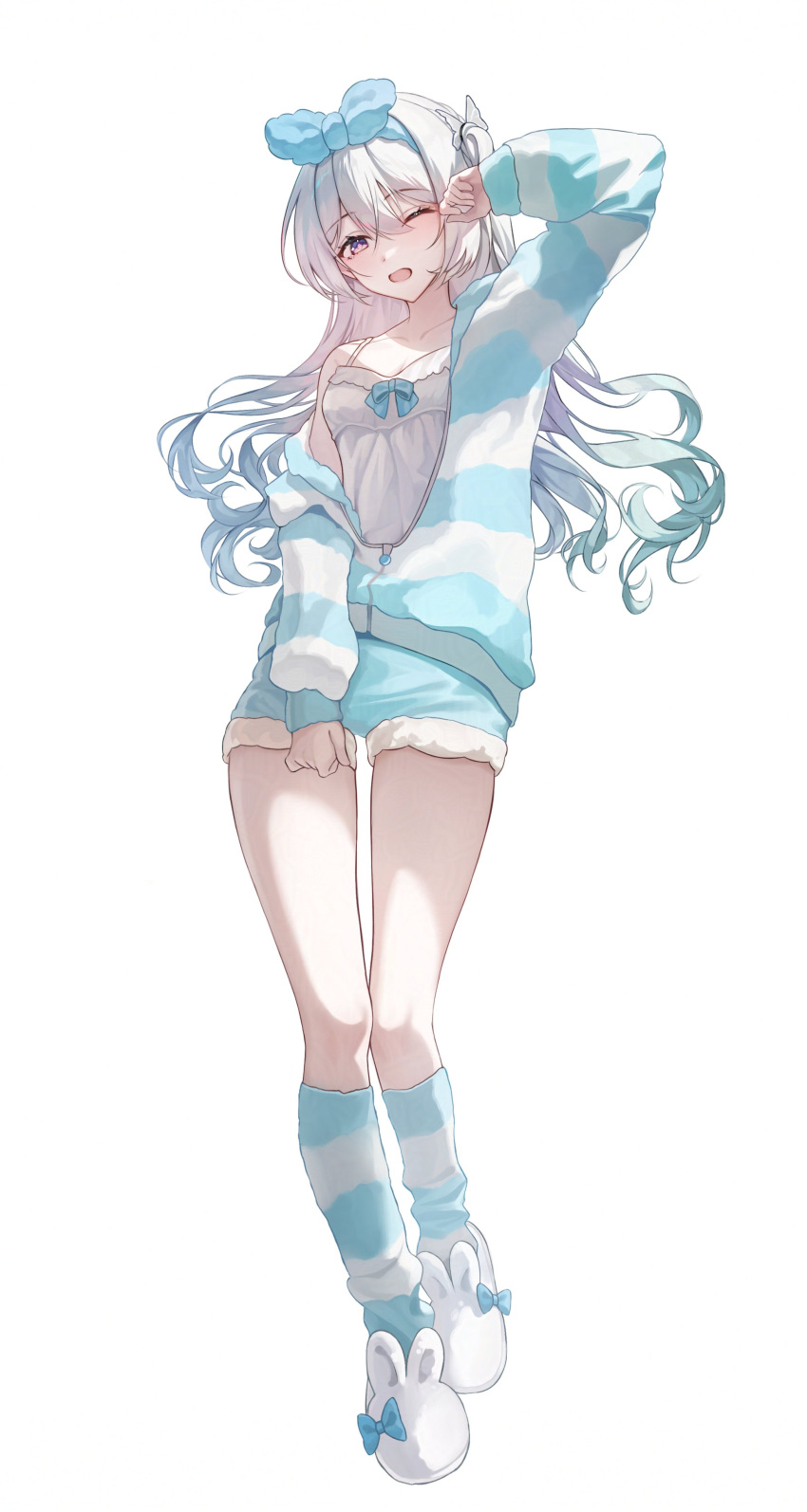 1girl, absurdres, alternate_costume, animal_ears, animal_slippers, aqua_hair, blue_bow, blue_shorts