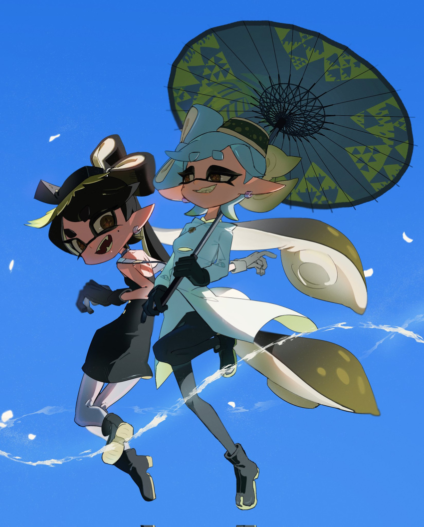 2girls, :d, bare_shoulders, black_dress, black_footwear, black_gloves, black_hair, black_pantyhose