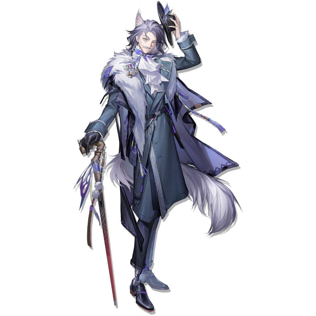 1boy, animal_ears, arknights, ascot, black_footwear, cane, coat, full_body