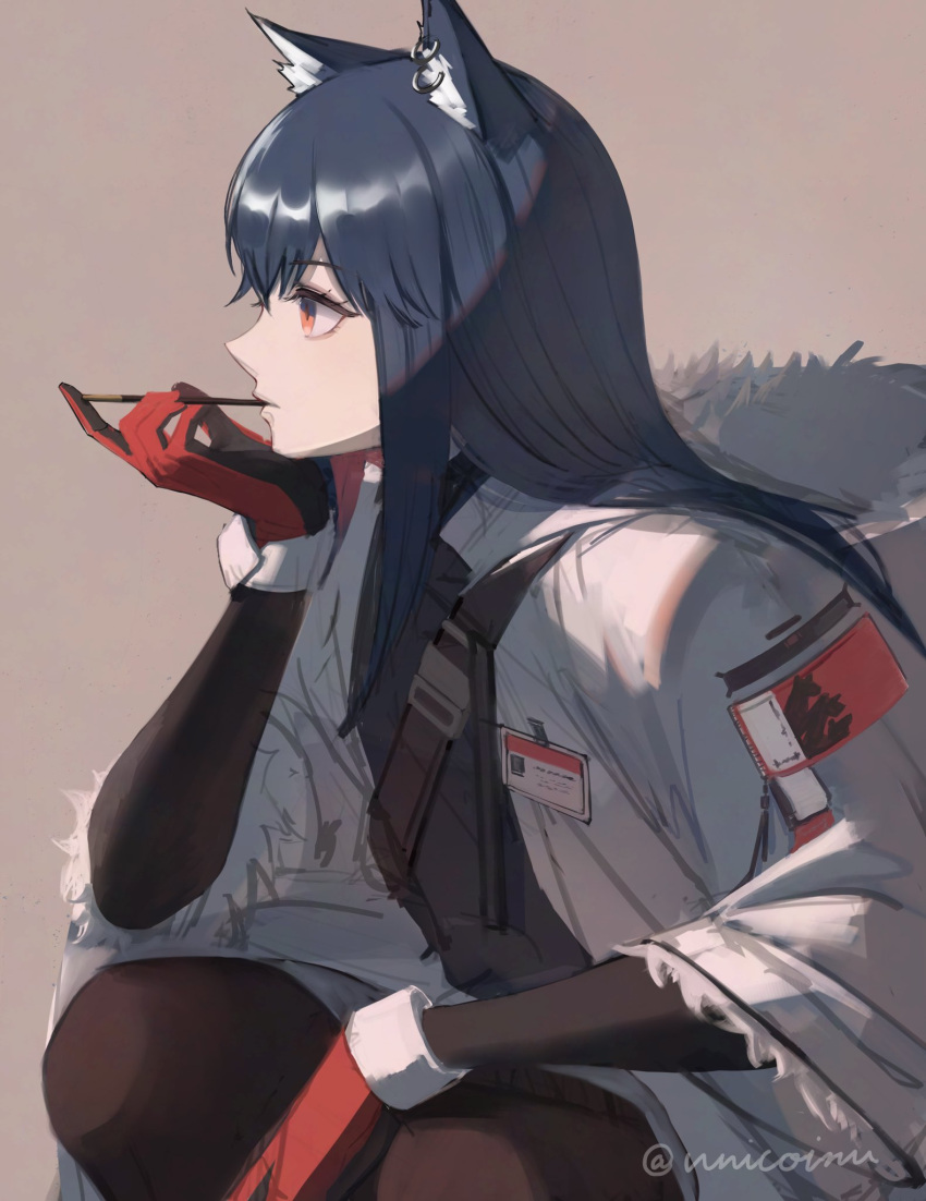 1girl, animal_ears, arknights, black_gloves, blue_hair, brown_background, expressionless, food