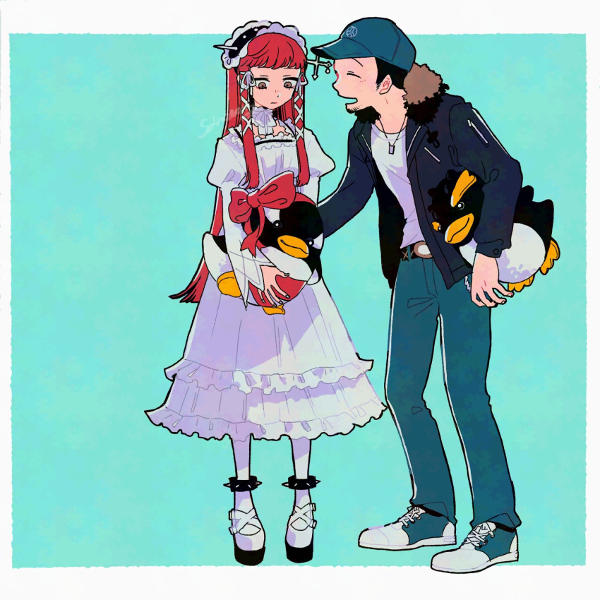 1boy, 1girl, anklet, baseball_cap, belt, belt_buckle, bird, black_hair
