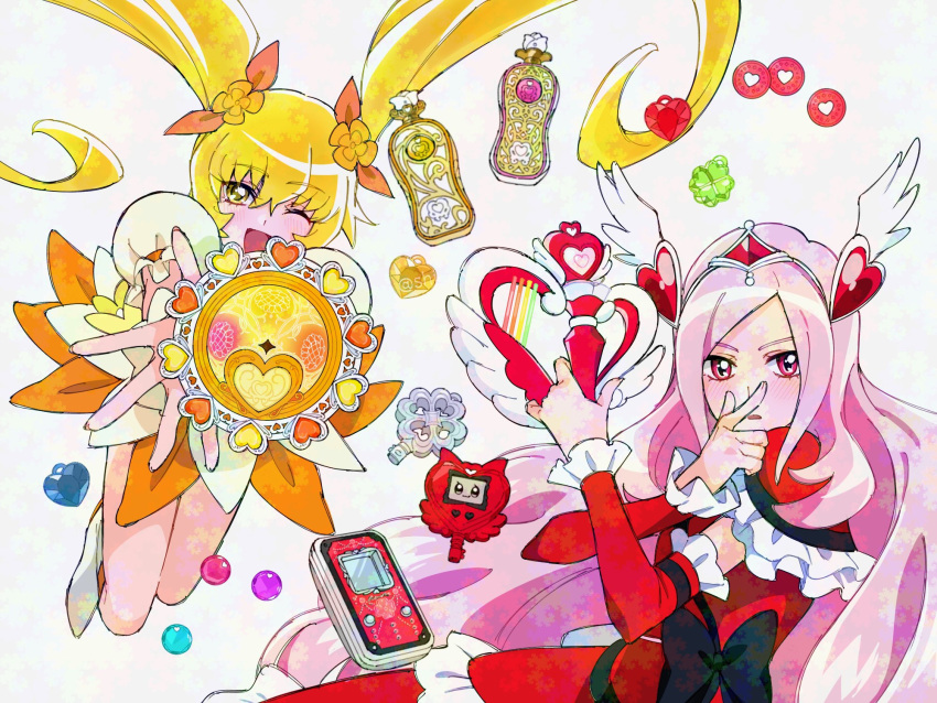 2girls, blonde_hair, blunt_bangs, blush, bottle, buttons, cellphone, clover, coin, cure_passion, cure_sunshine, diamond-shaped_brooch, diamond_button, dress, eas_(fresh_precure!), four-leaf_clover, fresh_precure!, frilled_dress, frilled_skirt, frilled_sleeves, frills, gloves, hair_ornament, hair_ribbon, hair_wings, heart, heartcatch_precure!, higashi_setsuna, high_heels, highres, holding, holding_weapon, in-franchise_crossover, instrument, key, long_hair, looking_at_viewer, merchandise, multiple_girls, myoudouin_itsuki, parted_bangs, perfume_bottle, phone, pink_hair, pointing, pointing_up, precure, red_eyes, ribbon, shiny_tambourine_(heartcatch_precure!), shirako_love, skirt, tambourine, transformation, twintails, very_long_hair, weapon