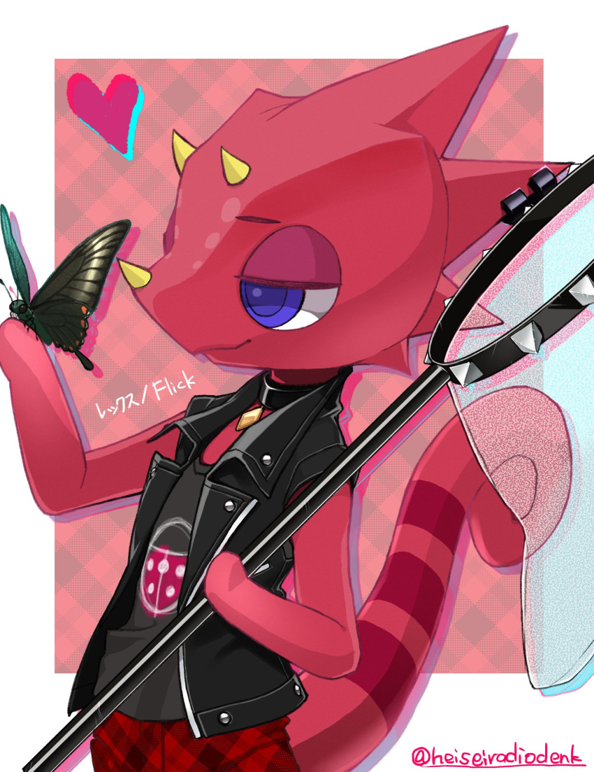1boy, animal_crossing, black_butterfly, black_choker, black_jacket, black_shirt, border, bug
