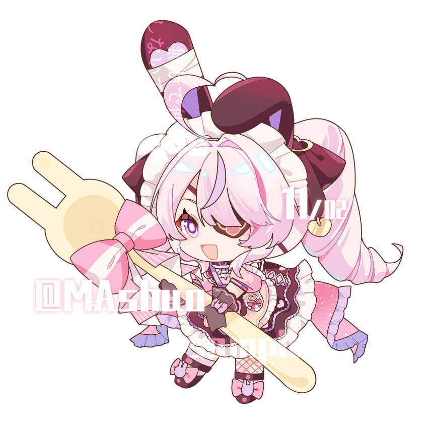 1girl, :d, ahoge, animal_ears, anklet, apron, asymmetrical_legwear, black_bow