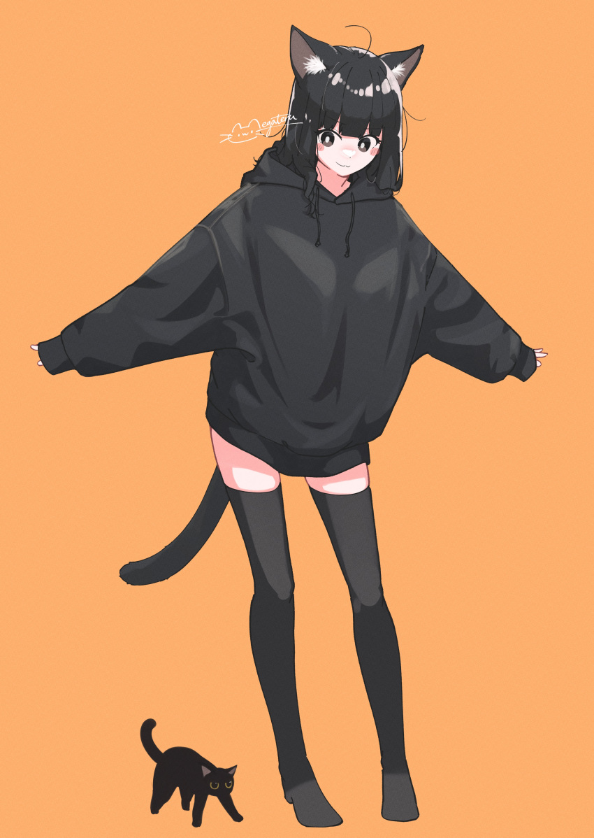1girl, :3, absurdres, ahoge, animal_ear_fluff, animal_ears, black_cat, black_eyes, black_hair, black_hoodie, black_thighhighs, blunt_bangs, cat, cat_ears, cat_girl, cat_tail, commentary_request, drawstring, full_body, highres, hood, hood_down, hoodie, long_hair, looking_at_viewer, megateru, orange_background, original, oversized_clothes, sidelocks, signature, simple_background, sleeves_past_wrists, solo, standing, tail, thigh-highs