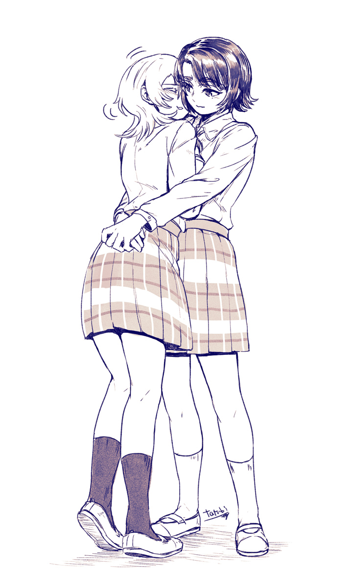 2girls, :3, arms_around_waist, black_socks, blush, closed_eyes, closed_mouth, collared_shirt