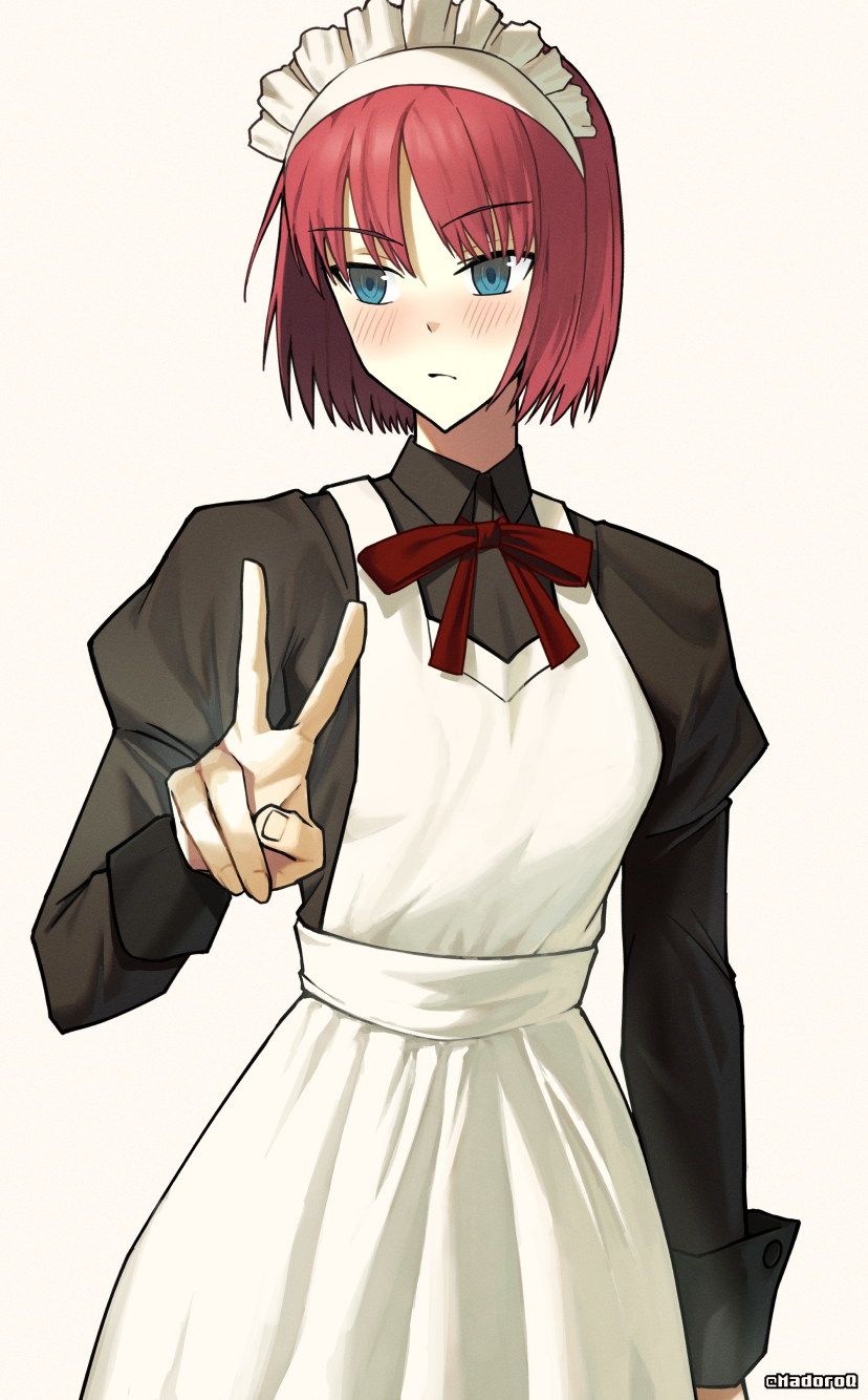1girl, apron, black_dress, blush, closed_mouth, commission, dress, fingernails
