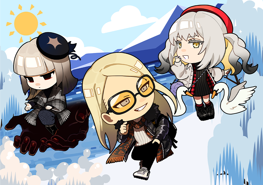 1boy, 2girls, beret, bird, black_eyes, black_jacket, blonde_hair, blue_sky