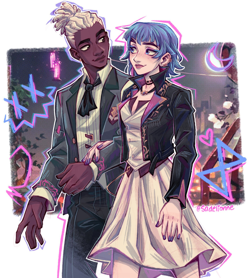 1boy, 1girl, arcane:_league_of_legends, ascot, black_ascot, black_jacket, black_pants, blue_eyes