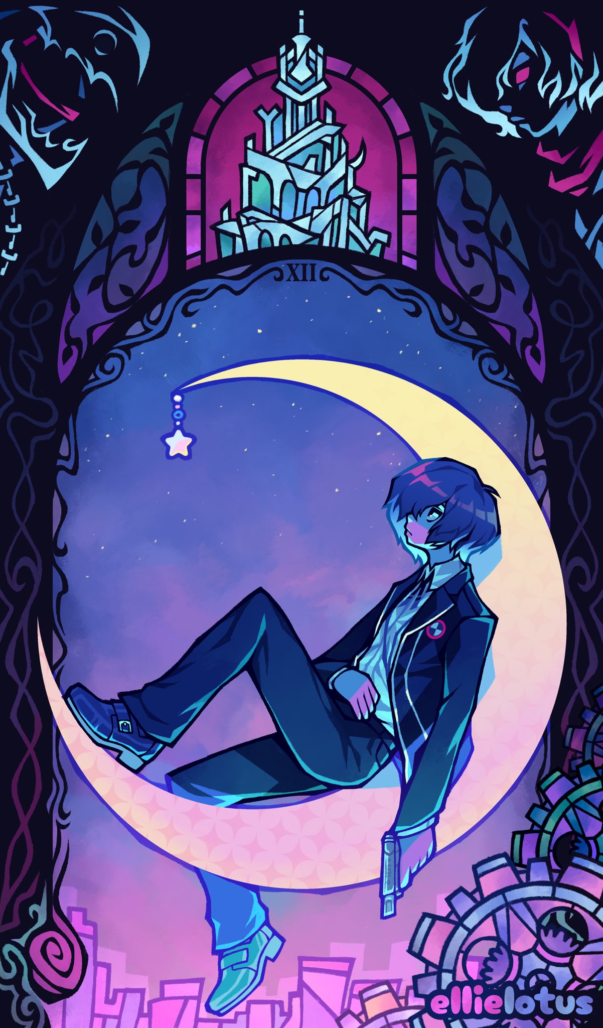 1boy, artist_name, black_jacket, black_pants, blazer, blue_footwear, blue_hair, card_(medium)