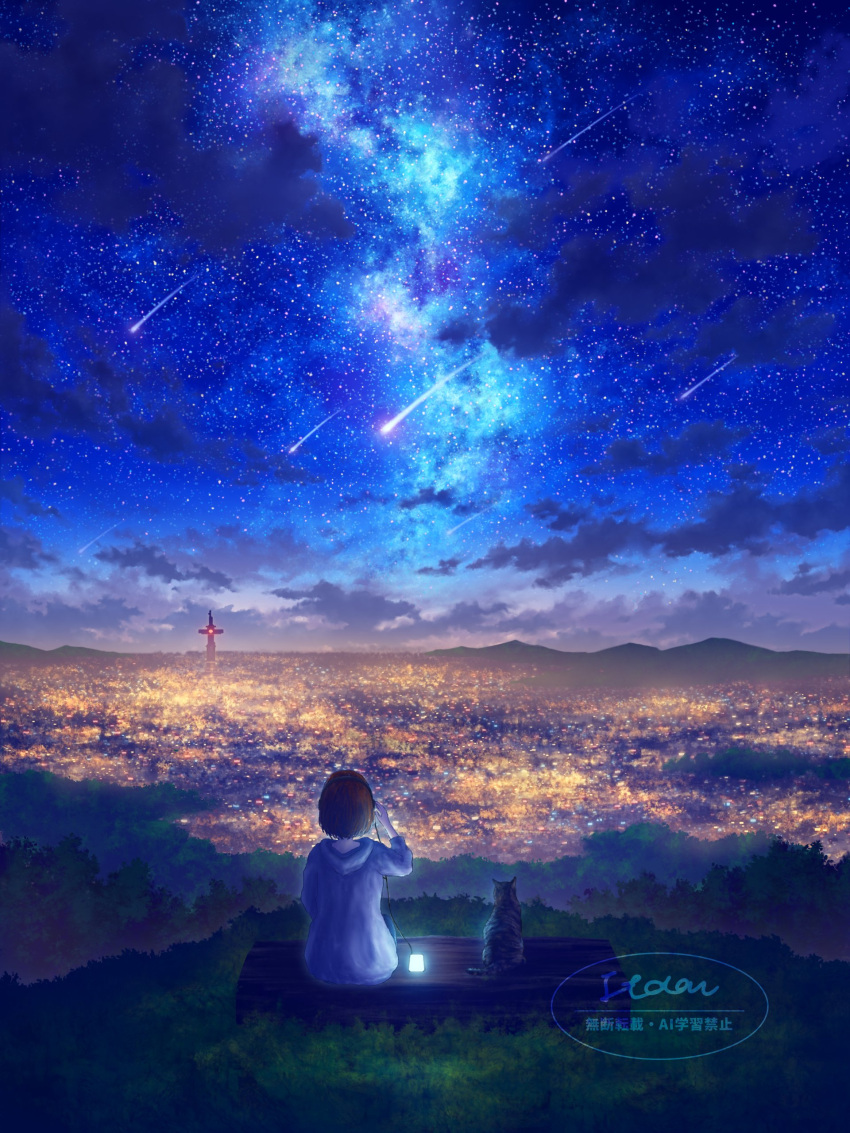 1girl, absurdres, au_ito, cat, cellphone, cityscape, clouds, cloudy_sky