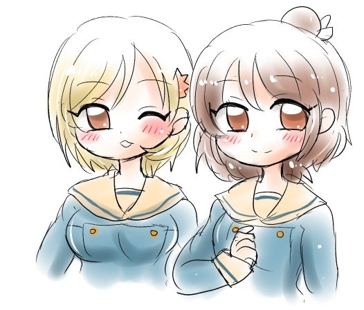 2girls, akitsune_kon, anima_yell!, blonde_hair, blue_dress, brown_eyes, brown_hair, cheering