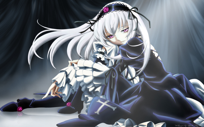 gothic, pink_eyes, rozen_maiden, signed, suigintou, white_hair, za09az