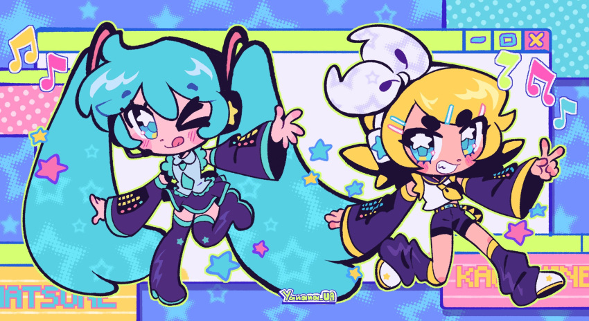 >_o, 2girls, :q, absurdly_long_hair, aqua_eyes, aqua_hair, aqua_necktie, aqua_trim