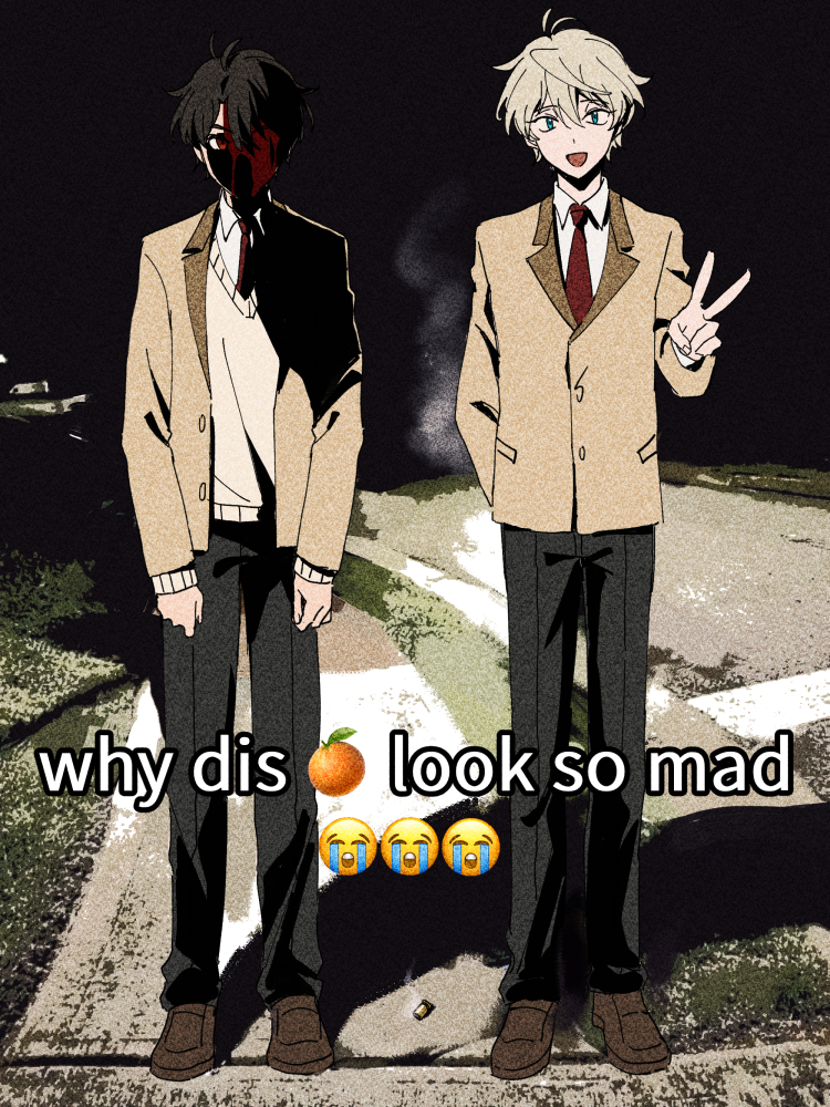 2boys, aldnoah.zero, black_sky, blazer, blonde_hair, blood, blood_on_face, brown_hair, crying_emoji, emoji, eyes_in_shadow, face_in_shadow, full_body, glaring, jacket, kaizuka_inaho, meme, multiple_boys, necktie, night, outdoors, rokir, school_uniform, shaded_face, short_hair, side-by-side, sky, slaine_troyard, smile, standing, why_dis_ninja_look_so_mad_(meme)