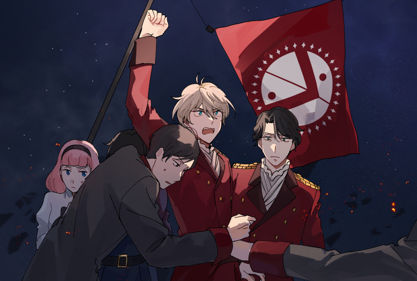 1girl, 2024_attempted_assassination_of_donald_trump, 3boys, absurdres, aldnoah.zero, barouhcruz, black_hair, blonde_hair, fist_pump, flag, hairband, harklight, highres, lemrina_vers_envers, meme, military, military_uniform, multiple_boys, pink_hair, raised_fist, rokir, short_hair, slaine_troyard
