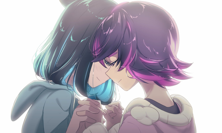 2girls, black_hair, blue_hair, blush, closed_mouth, cowlick, dot_(pokemon), eyelashes