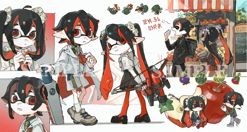 1boy, 1girl, apple, arms_behind_back, black_footwear, black_hair, black_skirt, bow_(weapon)