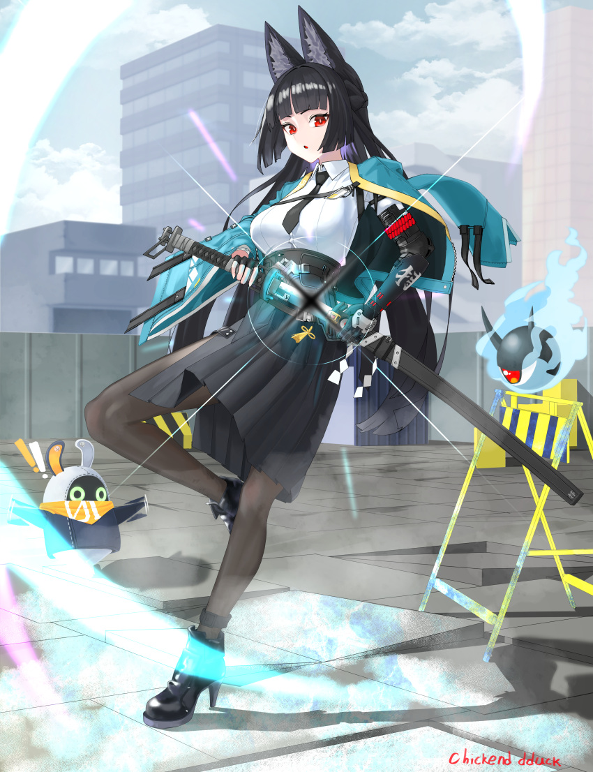 1girl, absurdres, animal_ear_fluff, animal_ears, artist_name, bangboo_(zenless_zone_zero), black_footwear, black_gloves, black_hair, black_necktie, black_pantyhose, black_skirt, blunt_bangs, boots, building, chicken_dduck, cityscape, clouds, dress_shirt, eous_(zenless_zone_zero), fingerless_gloves, fox_ears, fox_girl, full_body, gloves, green_jacket, high-waist_skirt, highres, holding, holding_sword, holding_weapon, hoshimi_miyabi, jacket, katana, long_hair, necktie, open_mouth, outdoors, pantyhose, shirt, sidelocks, single_fingerless_glove, skirt, standing, sword, weapon, white_shirt, zenless_zone_zero