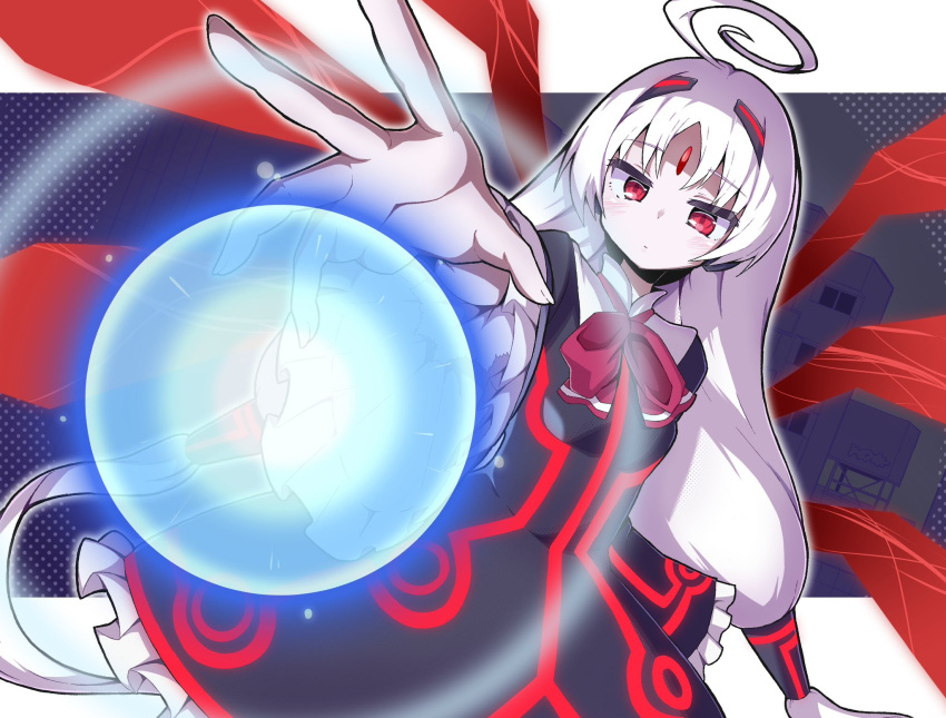 1girl, ahoge, bow, dress, energy_ball, forehead_jewel, frilled_dress, frills