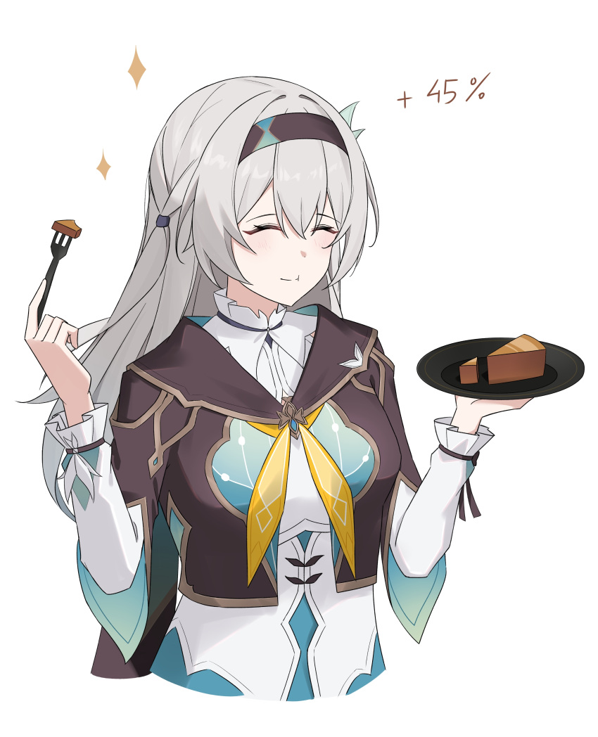 1girl, absurdres, black_hairband, black_jacket, closed_eyes, closed_mouth, commentary, cropped_jacket, cropped_torso, eating, english_commentary, firefly_(honkai:_star_rail), fork, gameplay_mechanics, grey_hair, hair_between_eyes, hair_intakes, hair_ornament, hairband, hands_up, highres, holding, holding_fork, holding_plate, honkai:_star_rail, honkai_(series), jacket, long_hair, long_sleeves, neckerchief, nicel, oak_cake_roll_(honkai:_star_rail), orange_neckerchief, plate, shirt, simple_background, smile, solo, upper_body, white_background, white_shirt