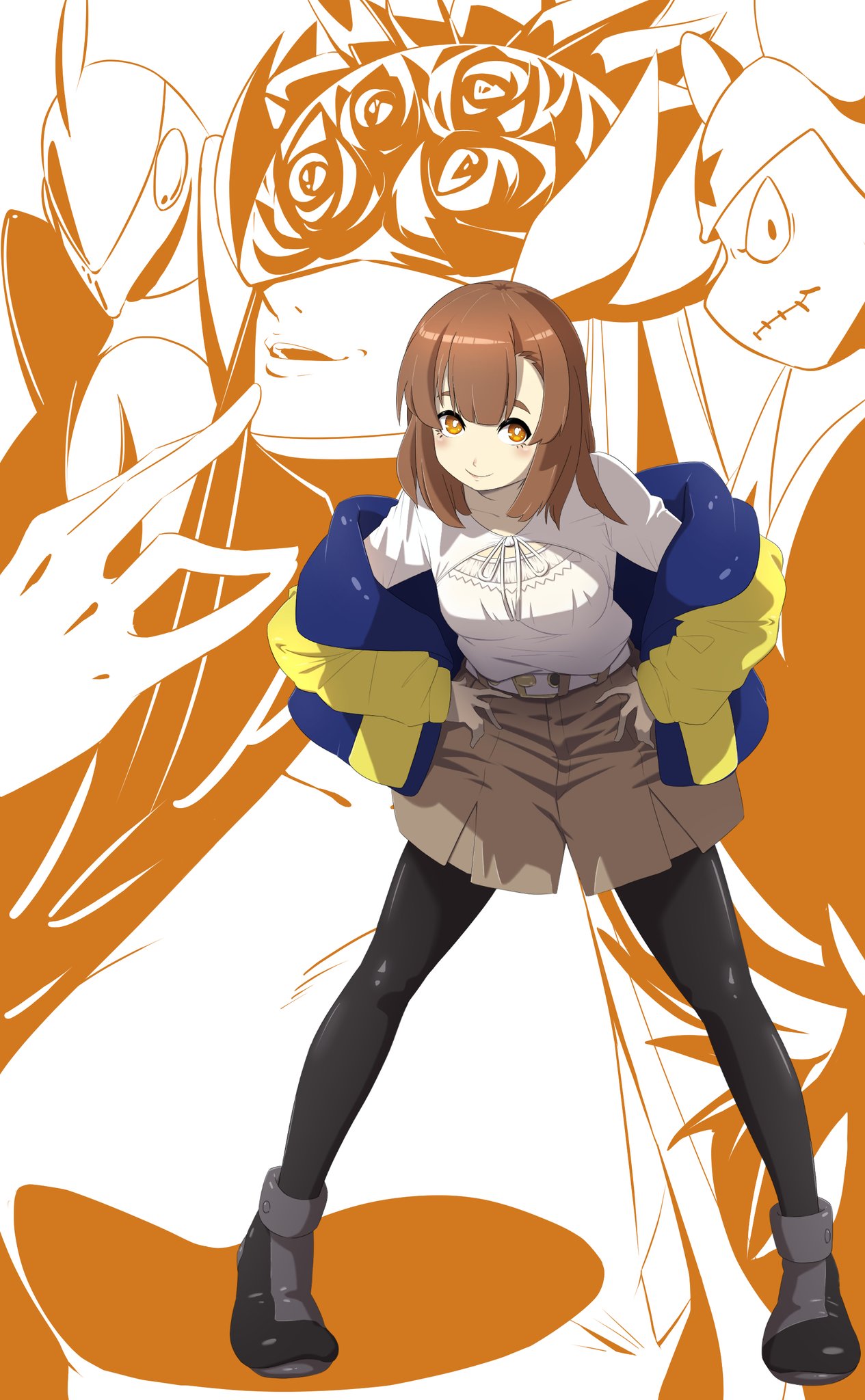 2girls, black_pantyhose, blue_jacket, breasts, brown_eyes, brown_hair, brown_shorts, cendrillmon