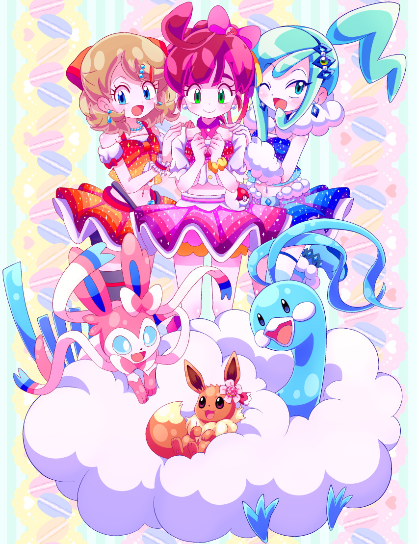 3girls, :3, :d, absurdres, altaria, alternate_costume, alternate_hair_length, alternate_hairstyle