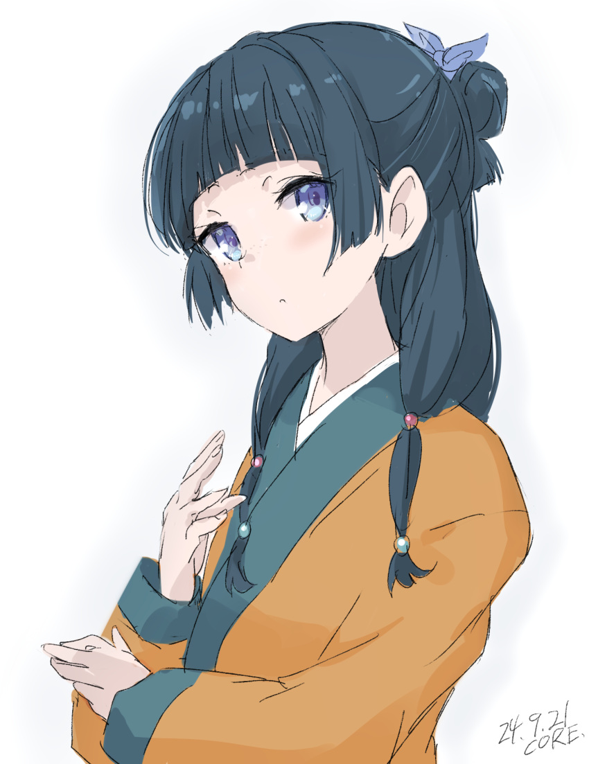 1girl, 2024, aqua_hair, beads, blue_eyes, chinese_clothes, core_(mayomayo), dated, english_text, frown, green_hair, hair_beads, hair_ornament, hanfu, highres, kusuriya_no_hitorigoto, long_hair, maomao_(kusuriya_no_hitorigoto), multicolored_shirt, orange_hanfu, orange_shirt, shirt, sidelocks, signature, sketch, solo, white_background