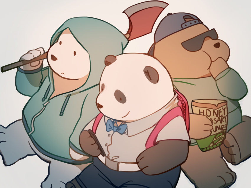 3boys, animal_ears, axe, backpack, bag, baseball_cap, bear, bear_ears
