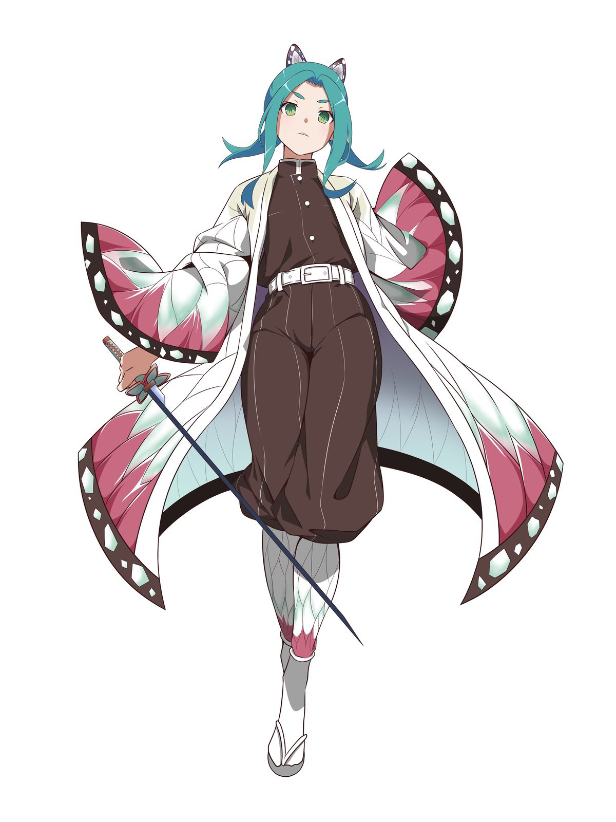 1girl, alternate_costume, alternate_hairstyle, animal_print, anime_coloring, aqua_hair, belt, black_pants, black_shirt, black_trim, bow, bright_pupils, butterfly_print, buttons, collared_shirt, commentary_request, curtained_hair, dot_nose, flat_chest, from_below, full_body, green_eyes, green_pupils, grey_footwear, guchiknight, hair_bow, half_updo, highres, hikimayu, holding, holding_sword, holding_weapon, japanese_clothes, long_sleeves, looking_down, monogatari_(series), official_style, ononoki_yotsugi, pants, parted_lips, pinstripe_pants, pinstripe_pattern, sandals, shirt, short_hair_with_long_locks, sidelocks, simple_background, socks, solo, standing, sword, tabi, teeth, thick_eyebrows, weapon, white_background, white_belt, white_socks, white_trim