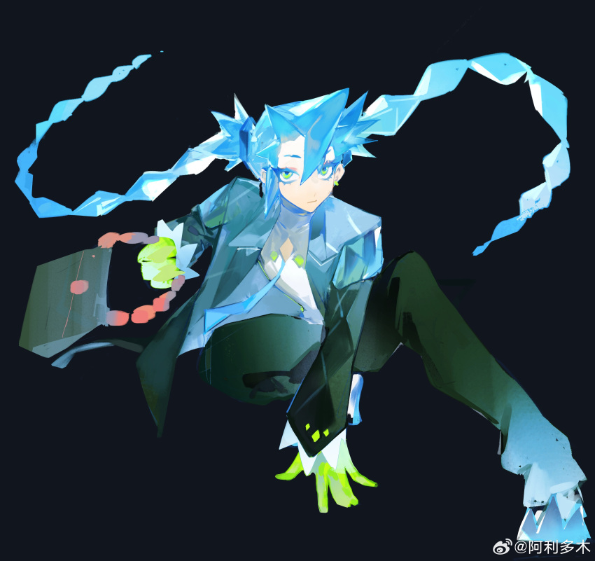 1girl, :|, absurdres, ali_duo_mu, bag, between_legs, black_background, black_jacket