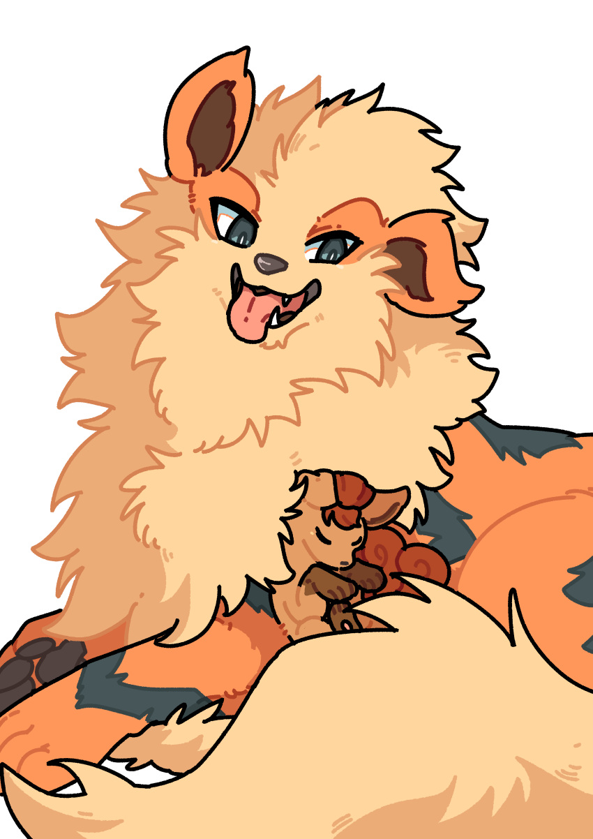 absurdres, arcanine, curled_up, fluffy, highres, looking_at_another, no_humans, ohayou_milk