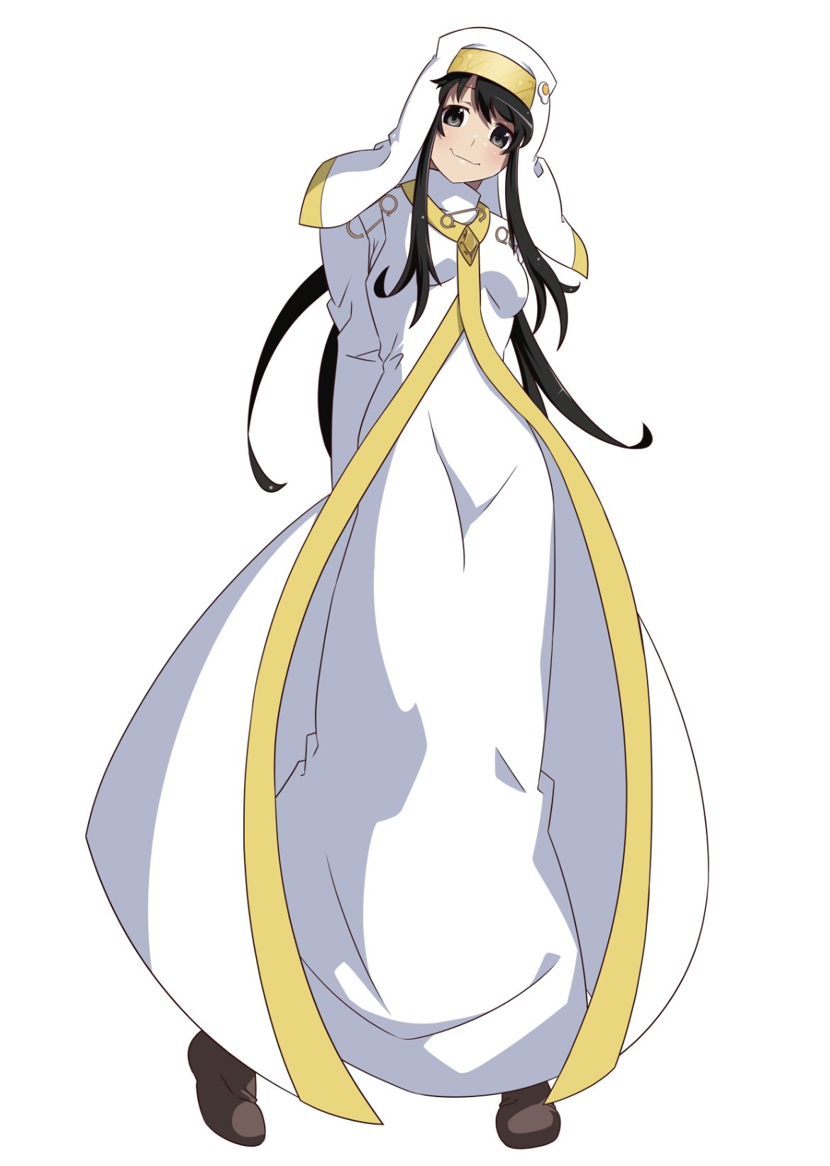 1girl, alternate_costume, anime_coloring, araragi_tsukihi, arms_behind_back, black_hair, breasts, brooch