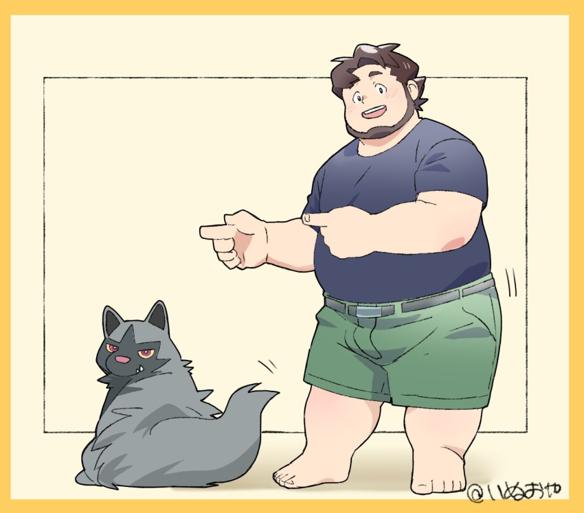 1boy, back_turned, barefoot, beard, belly, birch_(pokemon), black_fur, black_shirt